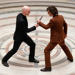 Cinematic knife-duel between bald_hairless_Austin_Butler-dressed-in-black and Timothee_Chalamet_dressed-in-brown-felt, on a mosaic marble floor dais, intricately detailed faces