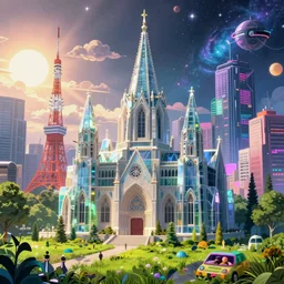 a beautiful ultradetailed highly detailed city urbex building cathedral by claude lorrain, vaporwave meadow postcyberpunk myst made of glass tokyo morning sun vice city neon noir scumm bar galactic uv light extraterrestial cgsociety nightsky, archdaily, wallpaper, highly detailed, trending on artstation.
