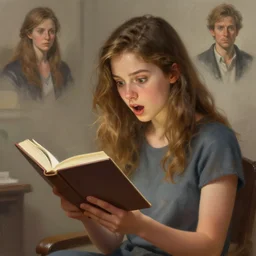 a girl reading a book, surprised, highly detailed, digital painting, artstation, concept art, art by artgerm and Anna Dittmann and Greg Hildebrandt