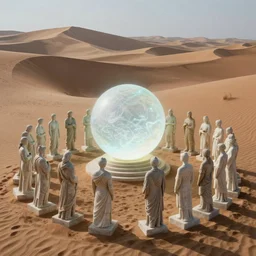 simplicity, desert dunes, a luminescent sphere floating in the middle, marble sculptures of a crowd people surrounding it, ultra detailed, ethereal, by miles johnston, by william godward, by moebius, by simon stalenhag, by gustave dore, andrew jones, pekka halonen, cinematic, 8 k, volumetric lighting,