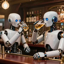 robots drinking alcohol, inside a bar, vibrant colors, hyper-realistic, extreme detail, sharp photo, beautiful, cinematic 4K, by Sorayama