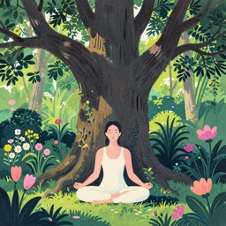 ( ( ( gediminas pranckevicius ) ) ), meditation under bo tree in a jungle garden summer morning, very coherent and colorful high contrast art by james gilleard floralpunk screen printing woodblock, dark shadows, pastel color, hard lighting