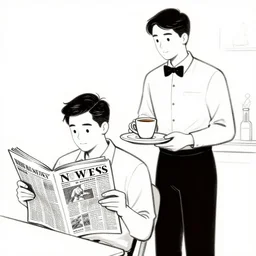 a waiter serving coffee to a man reading the news paper. line drawing. vignette. comic style. newspaper drawing.