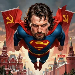 epic comic book cover of stalin as superman floating over the red square ( moscow ), red banners, cccp, soviet propaganda, socialist realism, aesthetically pleasing, finely detailed facial features, hyperrealist, intricate digital art, trending artstation, artgem, rich moody colors, fan art, concept art, in the style of the red son, by cory walker and ryan ottley