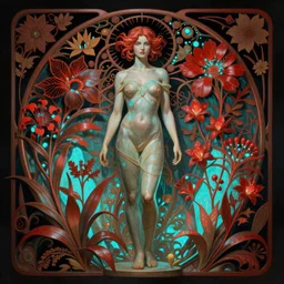 pia wurtzbach as darna, wax figure, volumetric lights, red and cyan theme, art nouveau botanicals, intricate, highly detailed, digital painting, artstation, concept art, smooth, sharp focus, cinematic, illustration, beautiful face, art by artgerm and greg rutkowski and alphonse mucha