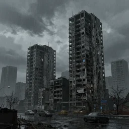 post - apocalyptic city, brutalist architecture, after the rain, ominous evening, matte painting by greg rutkowski and craig mullins