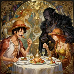 luffy and cthulhu eating lunch, fantasy, stunning, intricate, elegant. highly detailed, digital painting. artstation. smooth. sharp focus. illustration. art by artgerm and greg rutkowski and alphonse mucha and zdzislaw beksinski