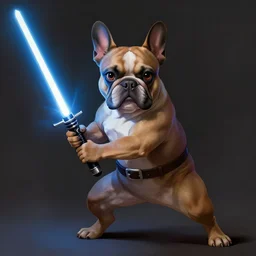 character concept portrait, jedi french bulldog holding a light saber in a combat stance. dark background. digital painting, concept art, smooth, sharp focus, illustration, from metal gear, by ruan jia and mandy jurgens and william - adolphe bouguereau, artgerm