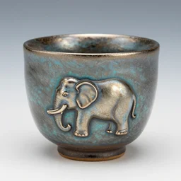 raku elephant sake cup, horse hair, raku metallic, turquoise, mottled, smokey, crackle, spot lit