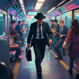 a man in a black fedora and suit holding a briefcase walking hurriedly down a cyberpunk subway. vibrant colors, soft lighting, adventurous, atmospheric lighting, 8 k, octane render. by makoto shinkai, stanley artgerm lau, wlop, rossdraws, james jean, andrei riabovitchev, marc simonetti, krenz cushart, sakimichan, d & d trending on artstation, digital art.