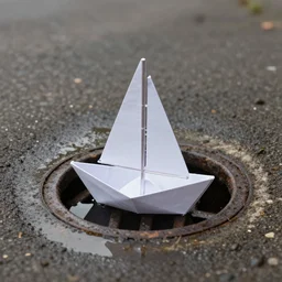 long shot, of paper sailboat floating in a puddle near the sewer drain, 4k, HD Photography