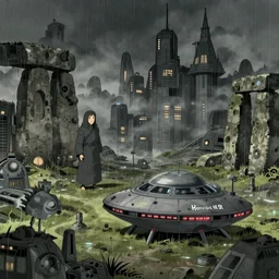 a realistic and atmospheric cell - shaded concept art from howl's moving castle ( 2 0 0 4 ) of a ufo on the ground. a grey monk is standing in a futurist sci - fi city that looks like stonehenge in a flooded rainforest. it is a misty starry night. very dull muted colors, hd, 4 k, hq