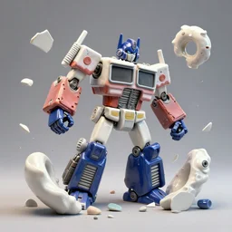 dissection of one simple angry screaming ceramic toy Figure mechabot transformer sculpture falling apart, c4d, 3d primitives, in a Studio hollow, surrounded by flying parts, explosion drawing, by pixar, beeple, by jeff koons, blender donut tutorial,  joints, bolts, buttons, by jonathan ive, by david lachapelle