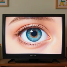 A painting of The human eye on a TV screen in a 2000's classic kids room with the lights off can see a flash image, flash image mode, compressed JPEG damaged webcam image, and photorealistic image.