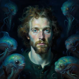 an underwater close - up renaissance portrait of a man surrounded by alien sea creatures. deep blue and green tones. night time. gloomy dark black background. highly detailed fantasy science fiction portrait painting by norman rockwell, moebius, frank frazetta, and syd mead. rich colors, high contrast. artstation