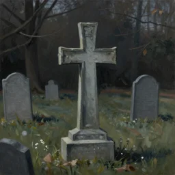 A beautiful painting of a cross headstone in a old cemetary Trending on artstation.       dark color scheme