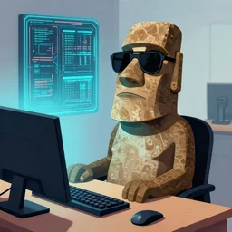 a moai statue 🗿 with sunglasses hacking into the main frame, sitting behind a computer screen