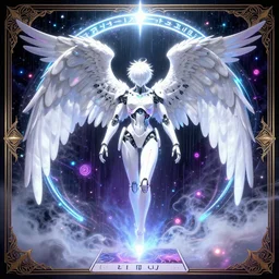 white arc - angel with mystic robotic wings, blade runner, akira, ghost in the shell, 2 0 7 7, style of laurie greasley and satoshi kon + symmetric lights and smoke, psychedelic effects, glowing particles, neon rain, glowing runes, de - noise, symmetrical composition, high detailed + tarot card, ornate border, 8 k