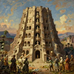 tower of babel, oil painting, epic, cinematic, highly detailed, full res, video game, featured on artstation