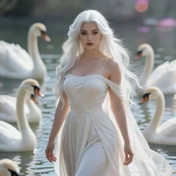 A beautiful woman with curvaceous body and long white hair, beautiful face, surrounded by swans, wearing a long flowy fabric, cinematic lighting, soft bokeh, sci-fi, modern, colourful, highly detailed, digital painting, artstation, concept art, sharp focus, illustration, by WLOP
