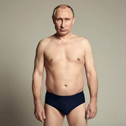 Photo of Vladimir Putin in swimsuit, soft studio lighting, photo taken by Anne Liebovitz for Abercrombie and Fitch, award-winning photograph, 24mm f/1.4