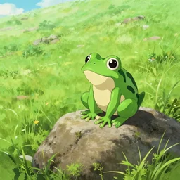 chronotrigger frog sitting on top of a rock next to a lush green hillside, a detailed painting by hayao miyazaki, pixiv contest winner, plein air, 2 d game art, official art, detailed painting