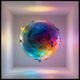a spinning chromatic orb giving off liquid paint splattering the inside of a white box, dynamic lighting, 8 k hdr,