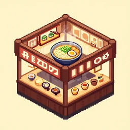 isometric view of ramen shop, pixelart