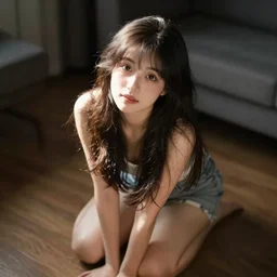 cute woman sitting on her knees, looking up at the camera, living room setting, dim lighting