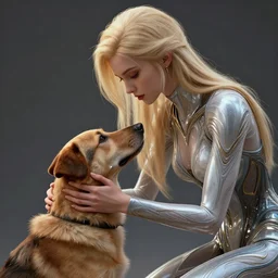 picture of a girl petting a dog, blonde hair, fantasy art by nixeu and guweiz and ilya kuvshinov, sleek curves, intricate sharp focus, trending on artstation hq, deviantart, pinterest, unreal engine 5, 4 k uhd image