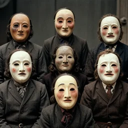 vintage photo of villagers wearing weird masks, eerie, bizarre, highly detailed shot, dramatic 8 k uhd
