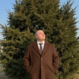 White chubby clean-shaven man wearing a chocolate brown overcoat and necktie is resting under a giant evergreen tree; calm, afternoon, clear sky, windy