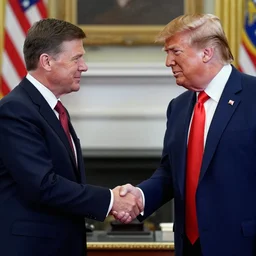 photo of j. f. k shaking hands with donald trump