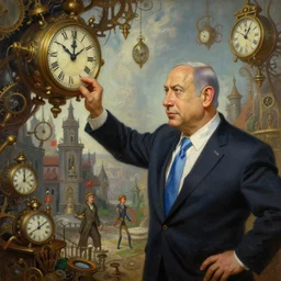 insanely detailed painting of benjamin netanyahu as an explorer, exploring a strange kingdom of clocks, clockwork, victorian architecture, depth of field, natural lighting, benjamin netanyahu, by wojciech siudmak and moebius and gediminas pranckevicius