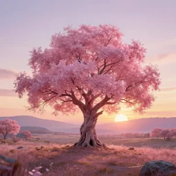 an enchanted shimmering pink tree in the middle of a stunning fantasy landscape during sunset, golden hour, by daniel conway, greg rutkowski and andreas rocha, highly detailed, soft illumination, fantasy, concept art, trending on artstation, sharp focus, hasselbrad photography, beautiful illustration