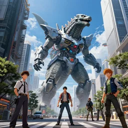 a great kaiju mecha towers over the streets of tokyo in the near future, art by bob eggleton and marc simonetti and alejandro burdisio and markus vogt, tohoscope, science fiction, hyperrealism