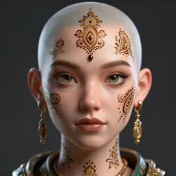 a stunning ultra detailed fantasy fine art portrait photo of a girl with a shaved head, 3 d model, by tom bagshaw, artgerm and natalie shau, henna tattoos on the face, paisley designs, 2 4 mm lens, unreal engine, deep depth of field, perfect eyes and face, volumetric lighting, artstation, 8 k