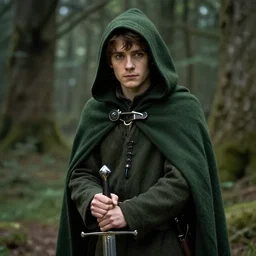 a young hobbit ranger wearing a dark green hood and a cloak in the forest, wearing adventure gear, holding a sword, realistic, detailed, masterpiece, short brown hair, clean shaven, by John Howe and Alan Lee, trending on ArtStation