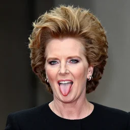 margaret thatcher with a punk mohawk hairdo sticking her tongue out like gene simmons