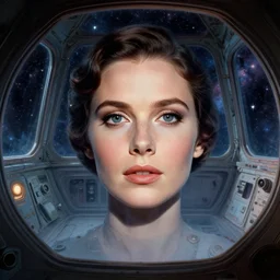 close face portrait of Mila Kunis in suspended animation, inside a derelict space ship, stars and nebula through large windows, 1970, Ludek Pesek, Rick Guidice, Chesley Bonestell, Lucien Rudaux, Rolf Klep, Fred Freeman, George Pal