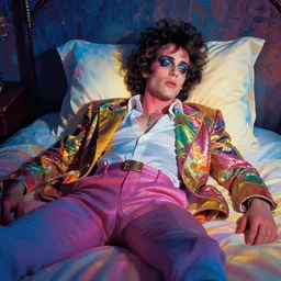 a technicolour dream sequence of prince in bed dreaming, lighting by delphin enjolras, make up by grace jones, artstation, ultrarealistic