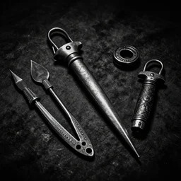 Lockpicking tools. Dark Fantasy, Film Noir, Black and White. High Contrast, Mike Mignola, D&D, OSR