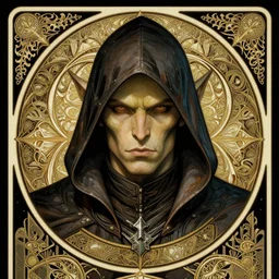head-on symmetrical centered painted portrait, male orc rogue assassin, art nouveau, tarot card style, complex fractal tarot card background, fantasy, intricate, elegant, highly detailed, smooth, sharp focus, illustration, artstation, in the style of Artgerm and Anna Podedworna and Alex Ross and Mucha