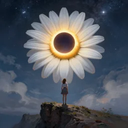 giant white daisy flower as a head, girl standing on cliff, surreal photography, solar eclipse, milky way, dramatic light, impressionist painting, clouds, digital painting, artstation, james gilleard, liam wong, jeremy mann, simon stalenhag
