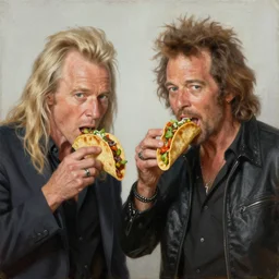 rod stewart eating tacos with zz top, an oil painting by ross tran and thomas kincade