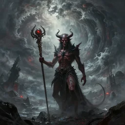 beautiful digital fantasy illustration of a demon holding a staff!!, a giant wave in the sky, apocalypse art!!!!, apocalypse landscape!!!!!, lovecraftian!!, cosmic horror!!!, concept art by Jarosław Jaśnikowski, a detailed matte painting by Dan Luvisi, cgsociety, fantasy art, highly detailed, soft lighting, rendered in octane, masterpiece, very very very aesthetic