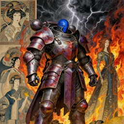 composition of gothic and futuristic, warhammer, cyber japan style armor, more and more scars, thunderstorm, firestorm, blue head, some red and purple, yellow, the middle ages, highly detailed, artstation, in the style of moebius, jugendstil and classic japanese print, art by vanessa beecroft, anka zhuravleva, composition by rene magritte, jean delville