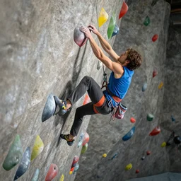 high - definition shot of a climber jumping dynamically between climbing holds. award - winning piece