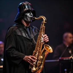 high quality photo of darth playing the saxophone, photography 4k, f1.8 anamorphic, bokeh, 4k, Canon, Nikon