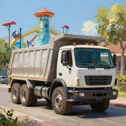 classic oil painting, a dump truck at a waterpark, as a dnd character, sunny suburban street, constructioncore, highly detailed, digital illustration, concept art, smooth, sharp focus, art by greg hildebrandt, and tim hildebrandt